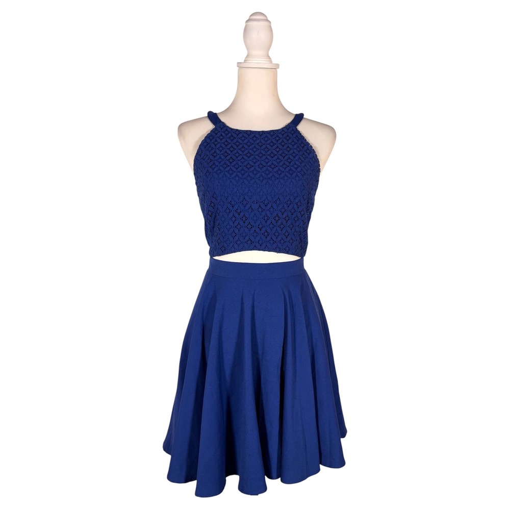 Sugar + Lips Cobalt Blue Crochet Skater Dress Women's L Sleeveless Party Sexy